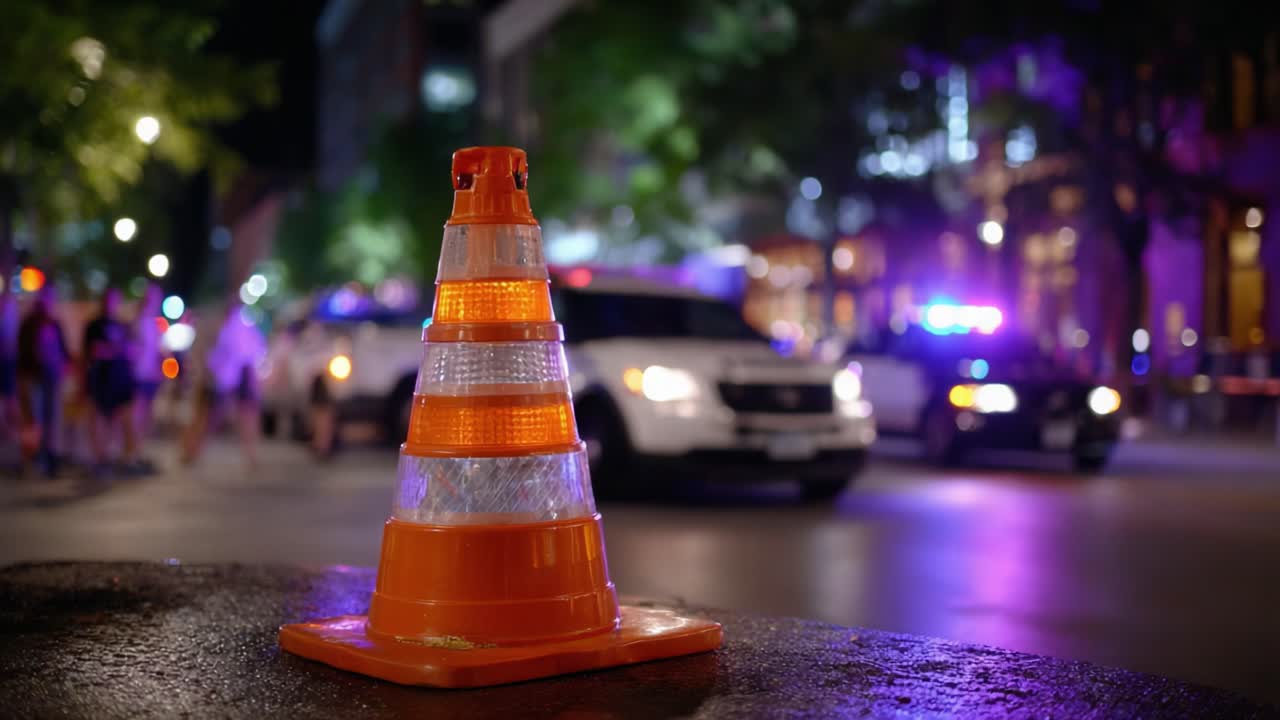 A Safety Cone Illuminated by City Lights: A Proximity to Emergency Vehicles in a Nighttime Urban Environment Captures the Attention of Bystanders