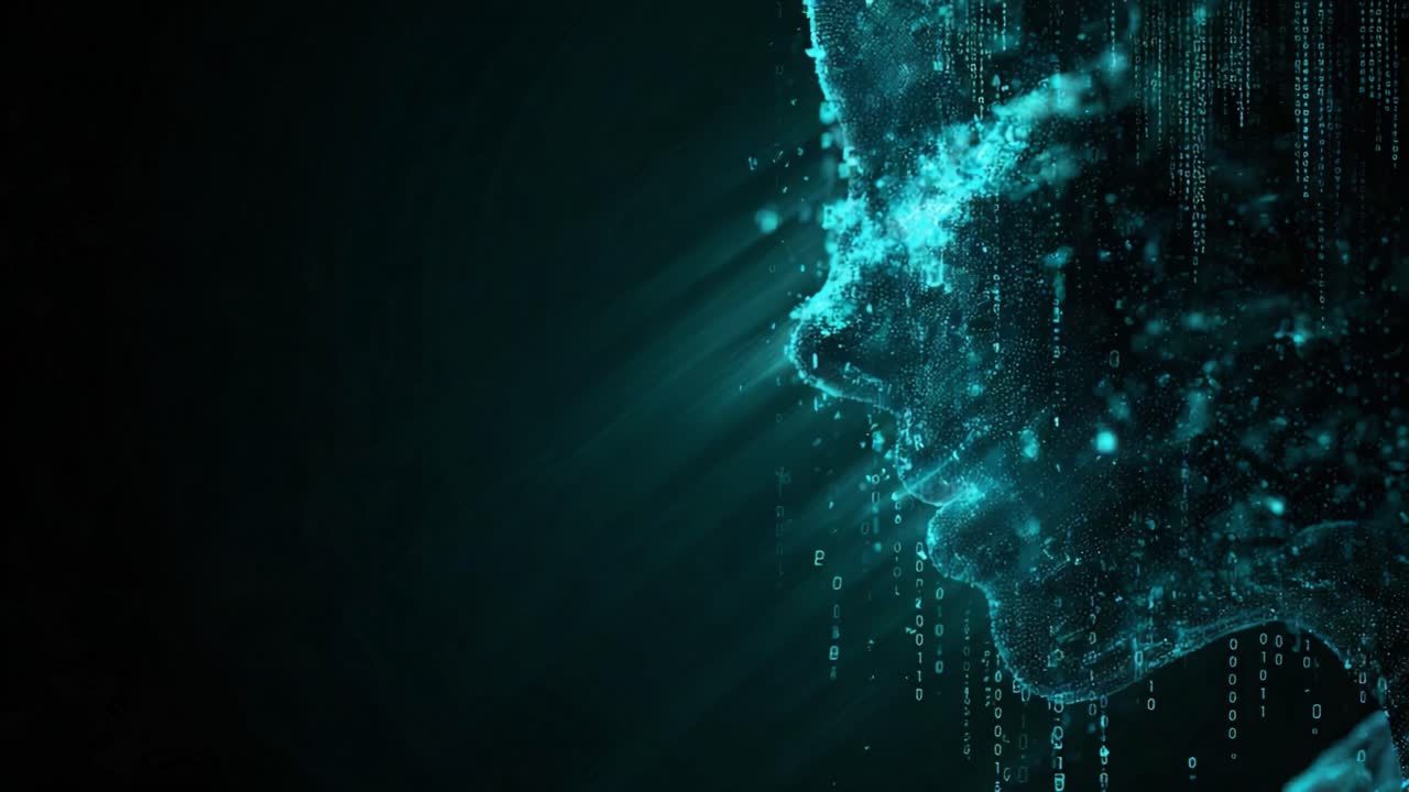 Abstract profile of a human face forming from glowing digital particles and binary code. Concept of artificial intelligence, machine learning, virtual reality and deepfake technology