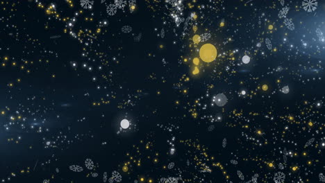 Snowflakes-and-glowing-particles-floating-over-dark-background