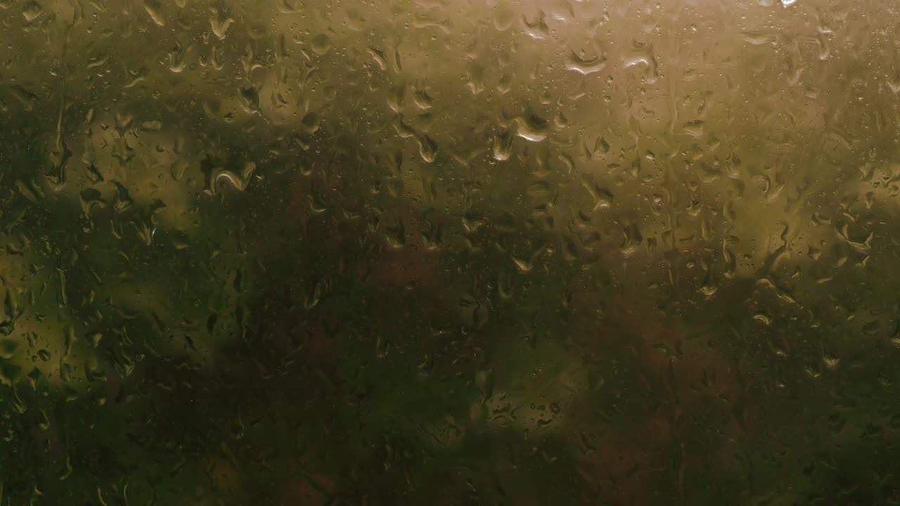 la lluvia cae en la ventana por la tarde. condominio o apartamento sala de estar jardín de la ventana en la temporada de lluvias. la ventana exterior está borrosa la lluvia y el árbol natural y el cielo. gota de lluvia en la puerta. tormenta momento de viento.
