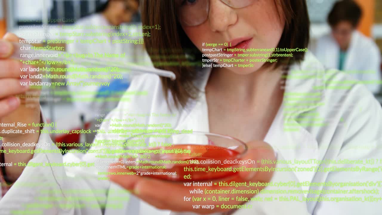 Girl pupil pipetting above petri dish in school, inspecting liquid while codeoverlay highlighting