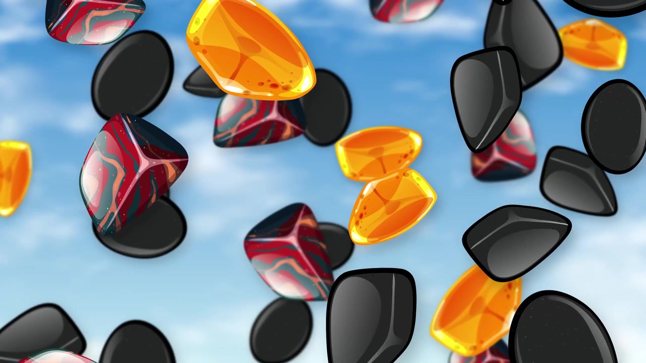 Stylized smooth stones and gems fall vertically against a bright blue sky with soft clouds.