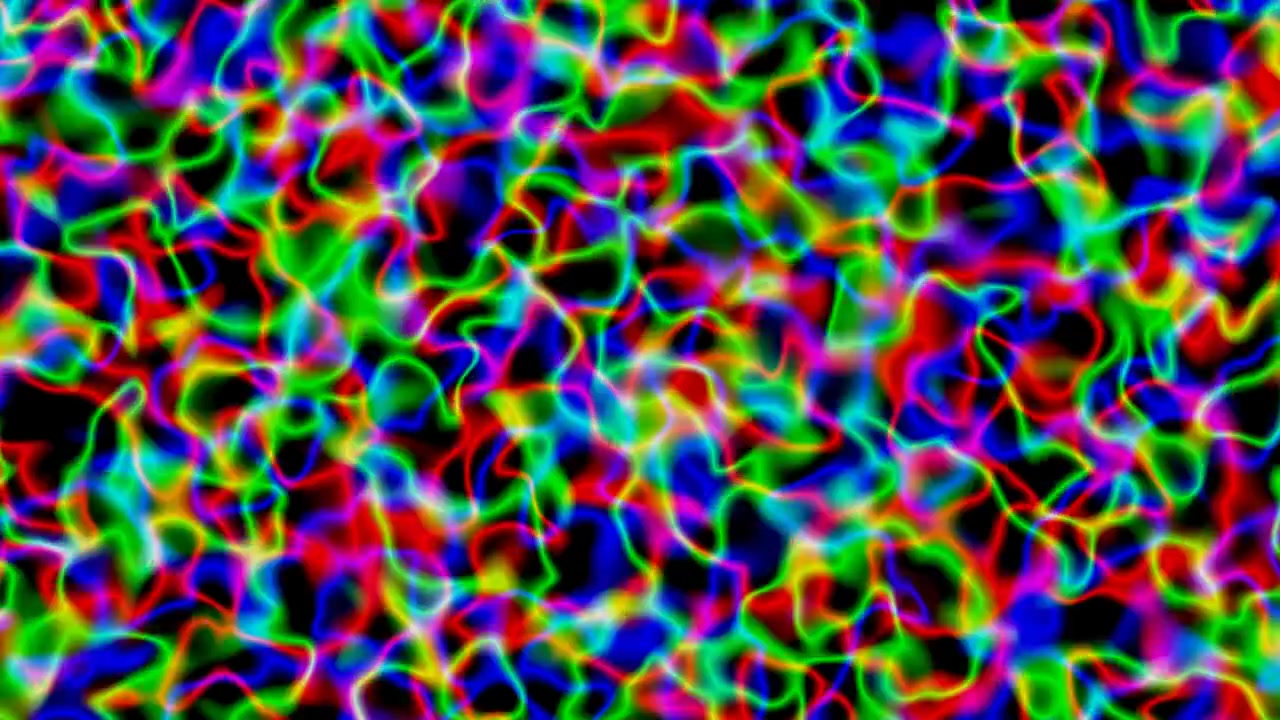 dynamic display of multicolored neon waves flows across a dark background, creating a high-energy psychedelic visual