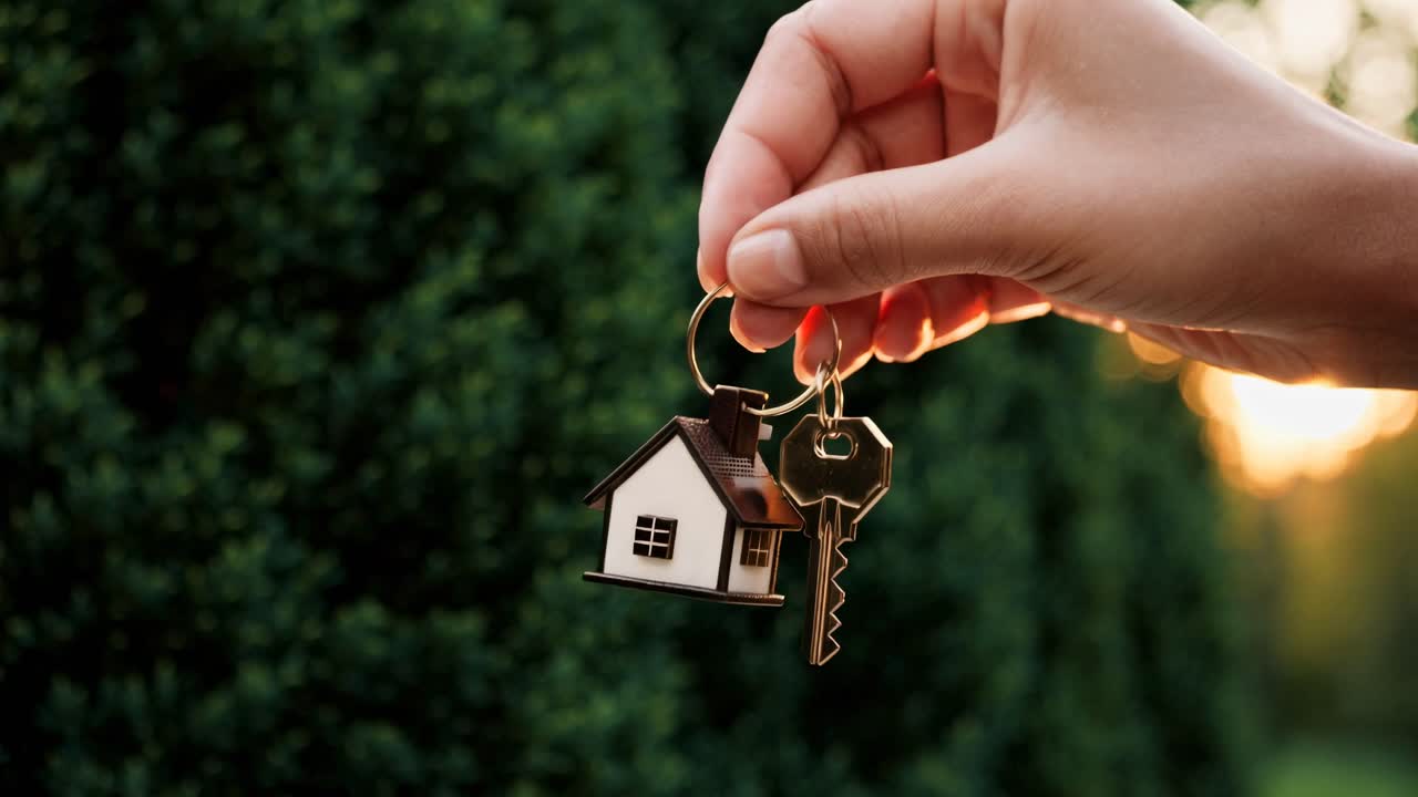 Close-up video still of a hand holding a house keychain against a blurred sunset background, shot
