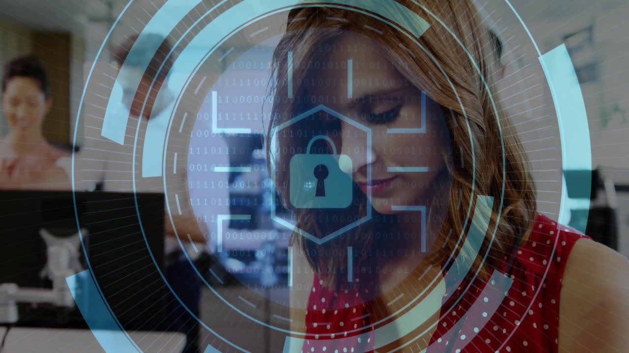 Digital security lock animation over woman working on computer in office