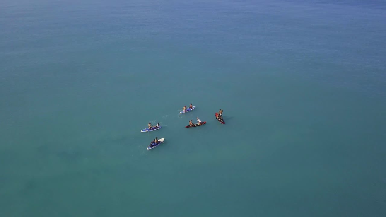바다에서 스탠드업 패들보딩을 하는 사람들