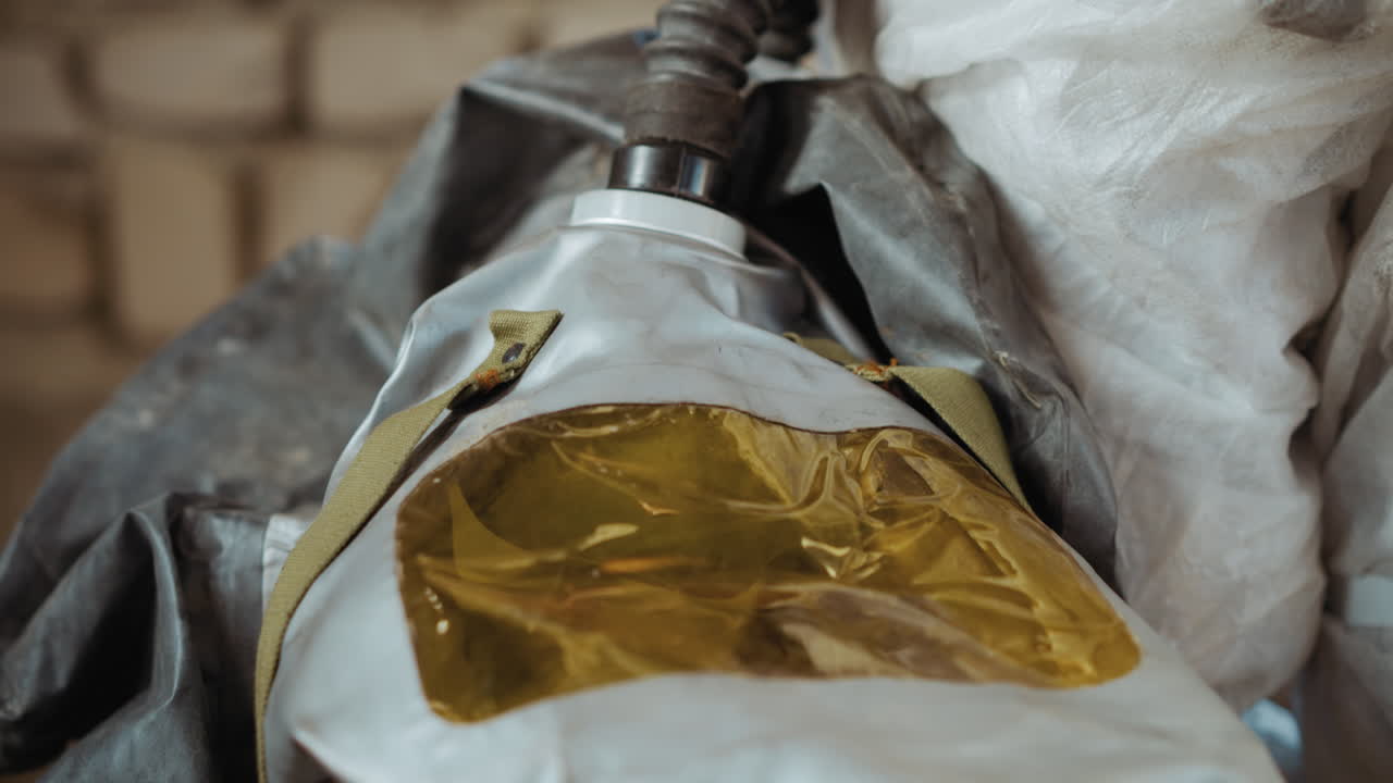 Close up of child gripping hazmat mask in gloved hand with wrinkled fabric, plastic textures, muted brown tones, soft focus emphasising protective gear and motion