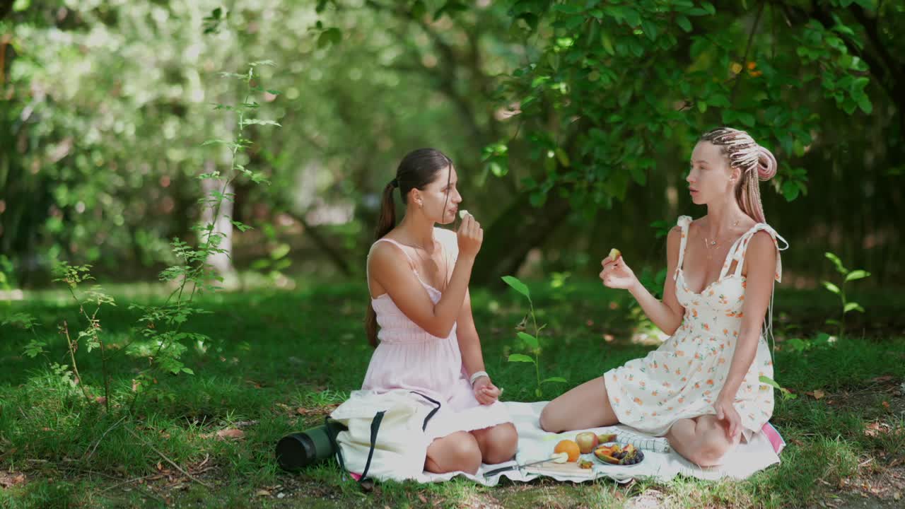 두 여인이 공원에서 피크닉을 즐기고 있다