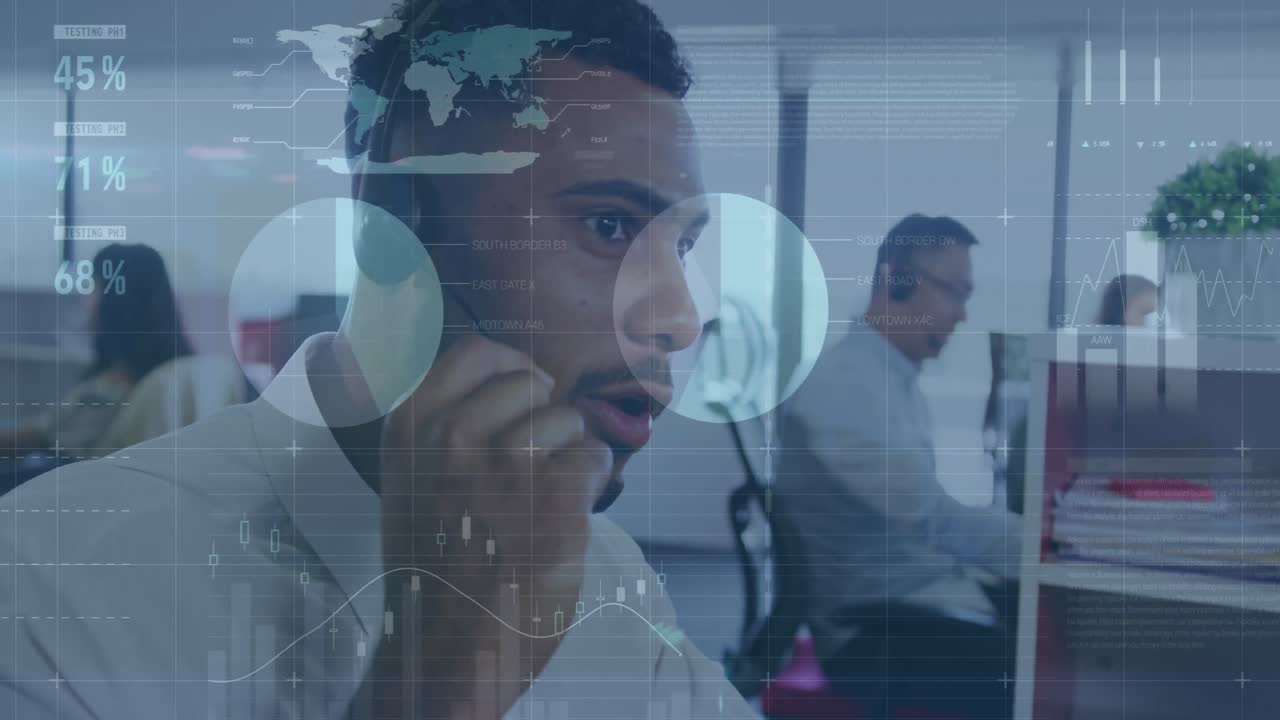 Animation of statistical data processing against biracial man talking on phone headset at office