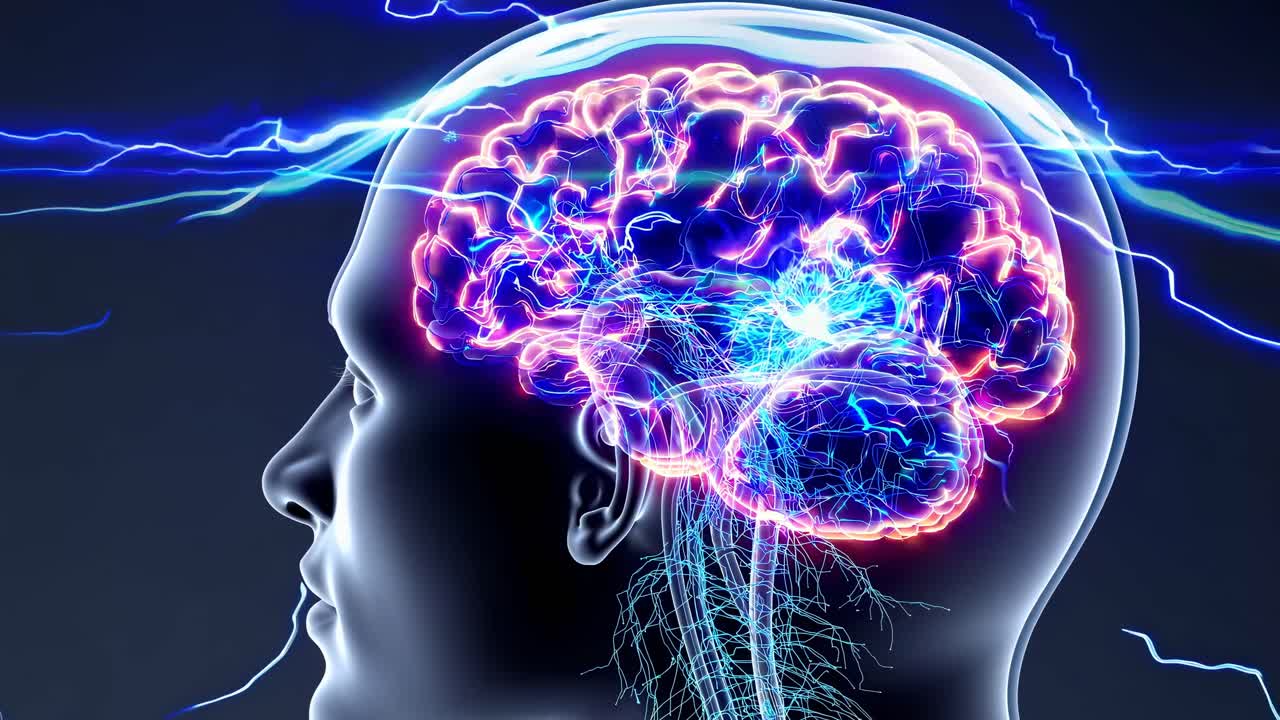 Profilo laterale di una testa umana con cervello e sistema nervoso fluorescenti, vista da un angolo laterale