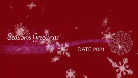 Animation-of-season-greetings-text-over-falling-snow-on-red-background