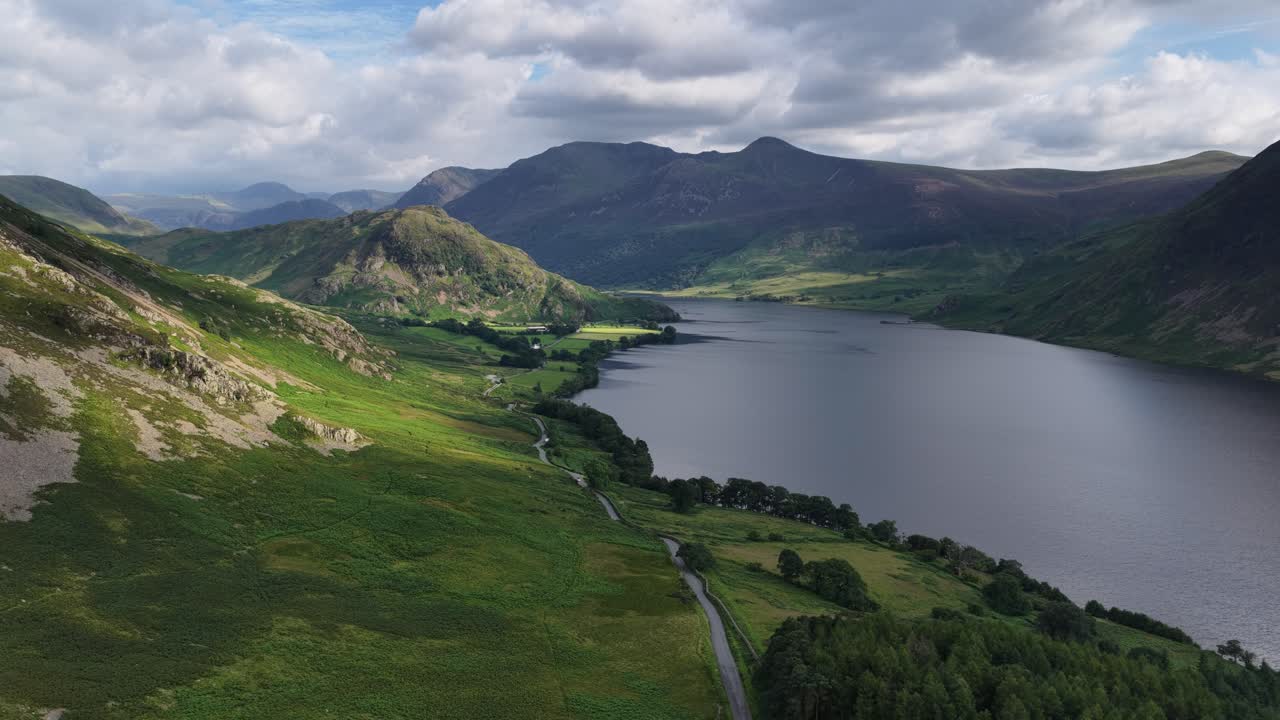 Stunning aerial view towards Crummock water and Rannerdale Knotts, The Lake District, England