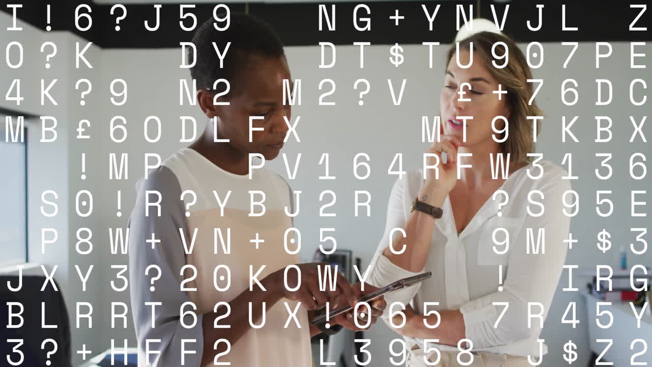 Two colleagues collaborating in business office, displaying animated data charts over smartphone