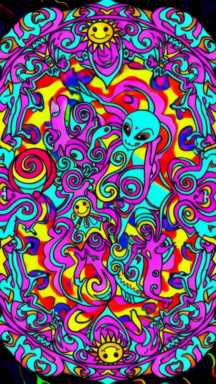 Psychedelic Abstract Alien Mandala Art with Vibrant Neon Colors