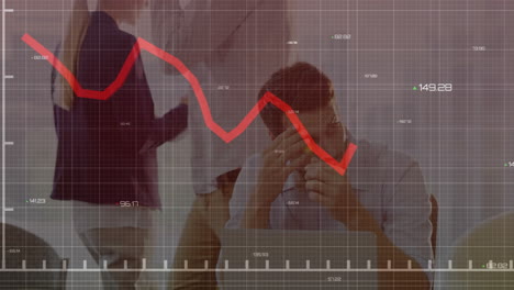 stressed businesspeople in office with financial data and stock market decline animation