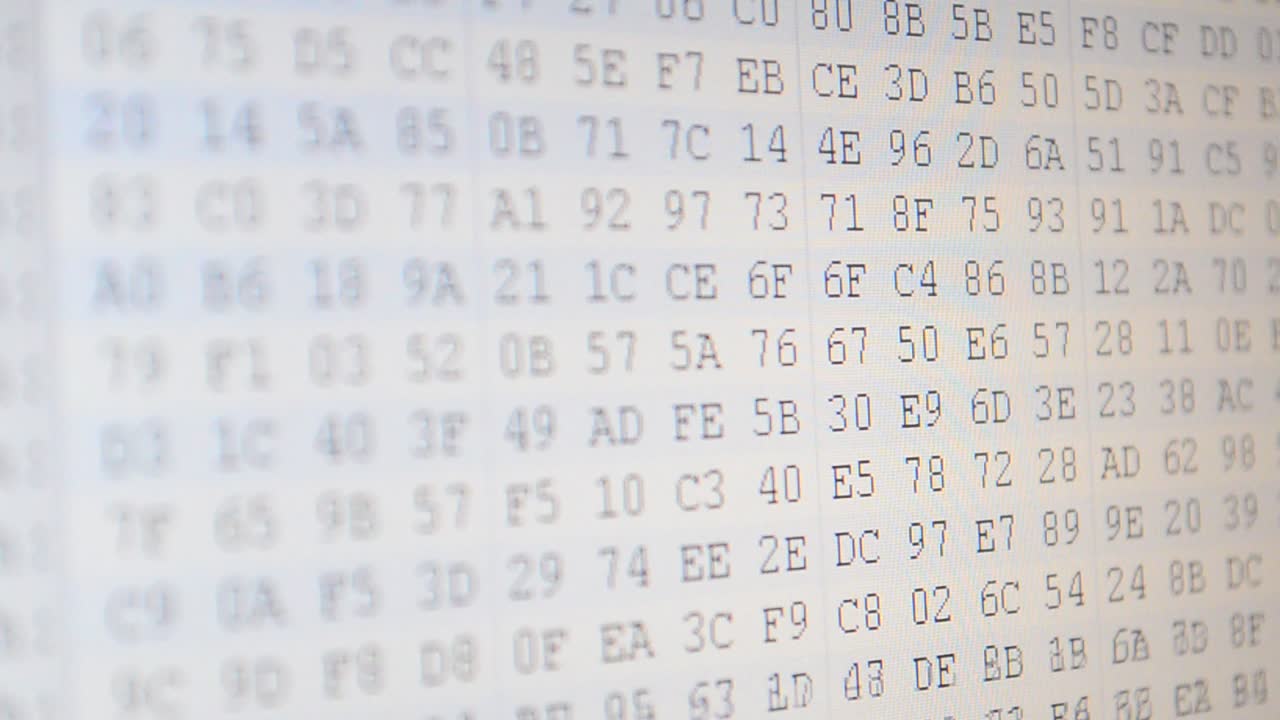 El movimiento de un código en la pantalla. Funcionamiento del programa. Código de programa hexadecimal en pantalla. Fondo animado de números de código binario en movimiento
