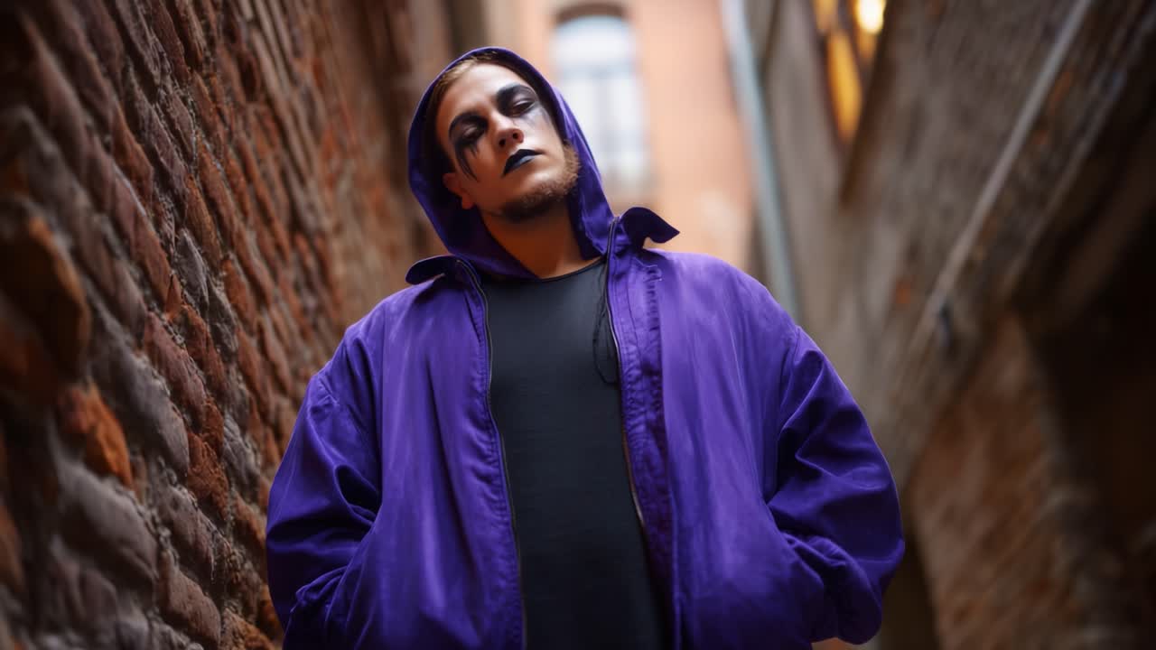 A mysterious figure in a purple jacket stands in a narrow alley, showcasing an intriguing blend of fashion and eerie make-up under soft ambient lighting
