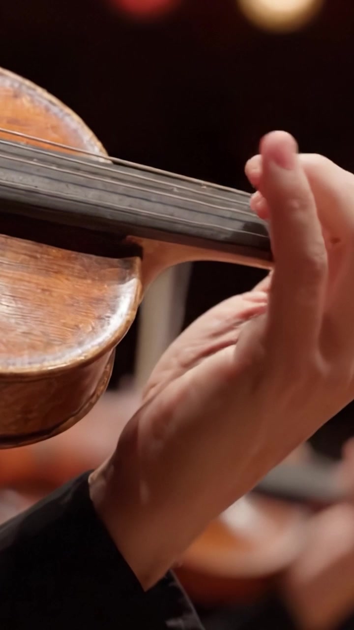 An Intimate Close-Up of a Violin Performance Highlighting the Skilled Hand Technique and Rich Wood Grain of the Instrument in an Orchestra Setting