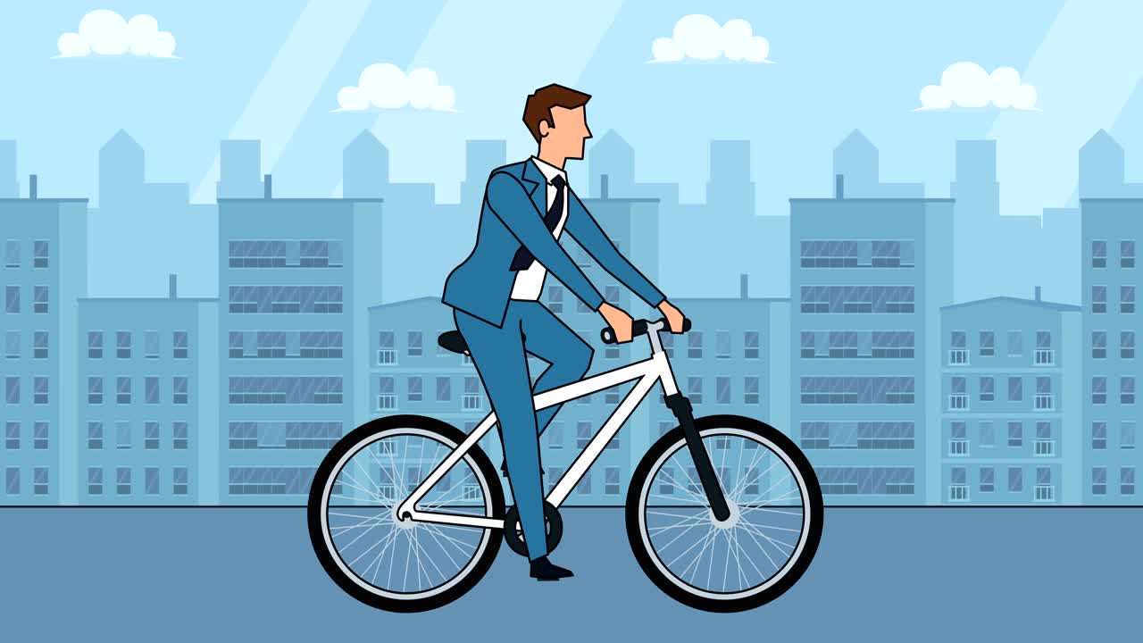 평평한 만화 사업가 캐릭터 자전거 타는 색 자전거 애니메이션