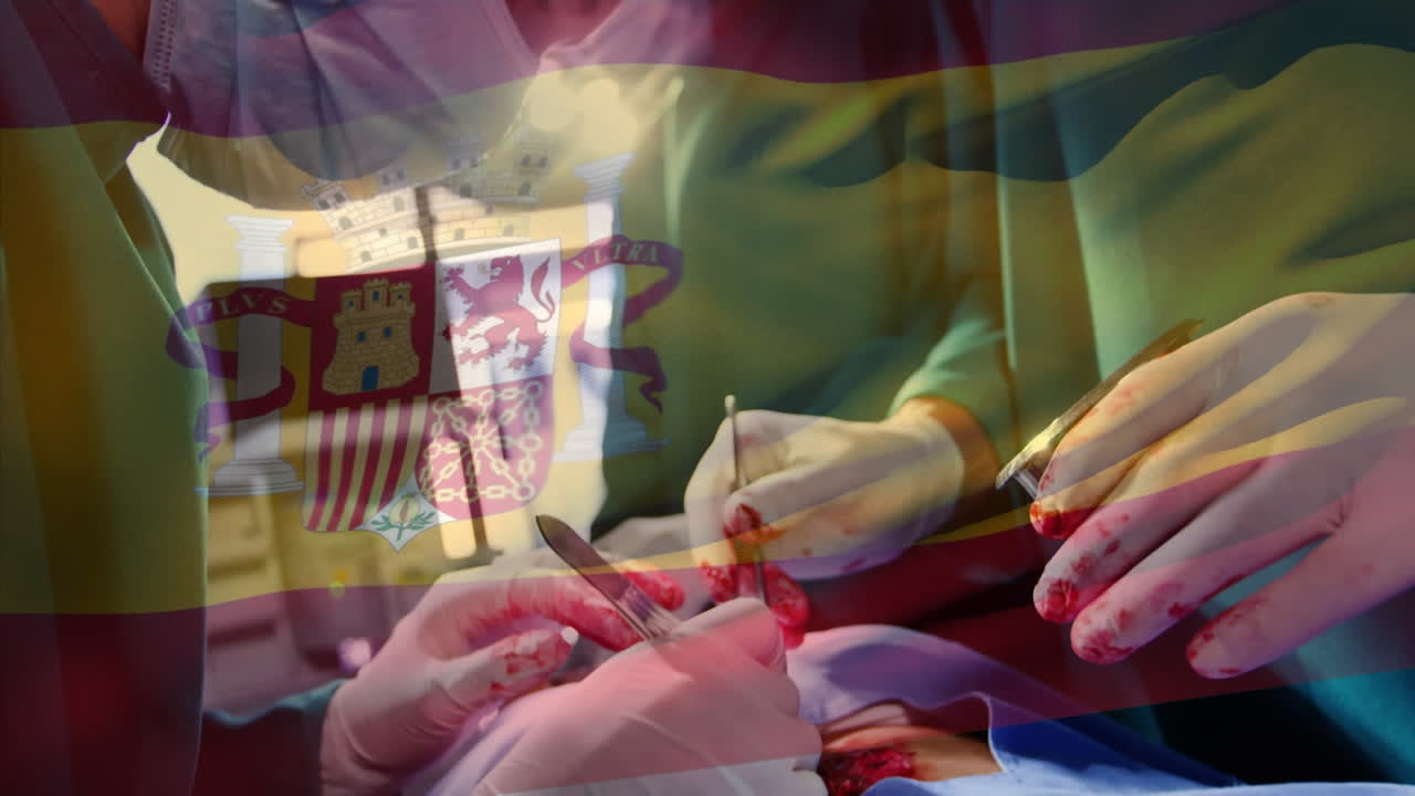 animación de la bandera de españa ondeando sobre los cirujanos en el quirófano
