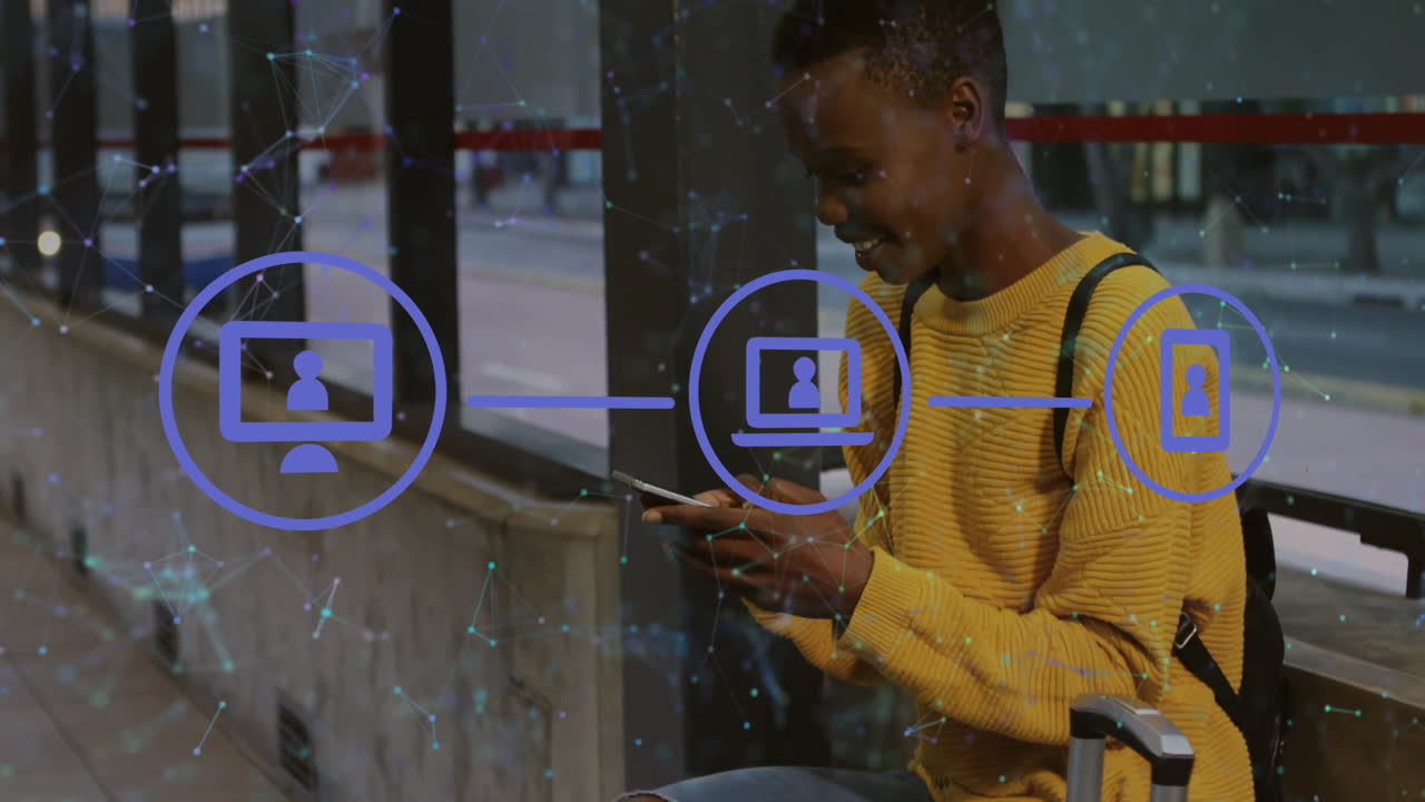 Woman tapping phone on transit station, showing tech floating desktop laptop phone network icons
