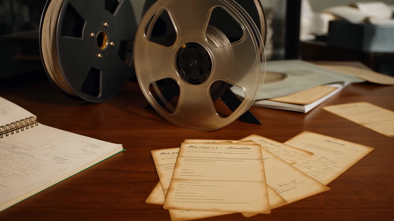 Vintage Film Reels On Wooden Desk Archivist Workspace Strewn With Aged Documents, Stacked Spools And Open