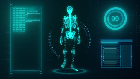 technological concept. walking 3d model of a skeleton on the background of technology. blue color. 3d animation