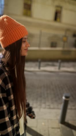 woman in orange beanie and plaid shirt