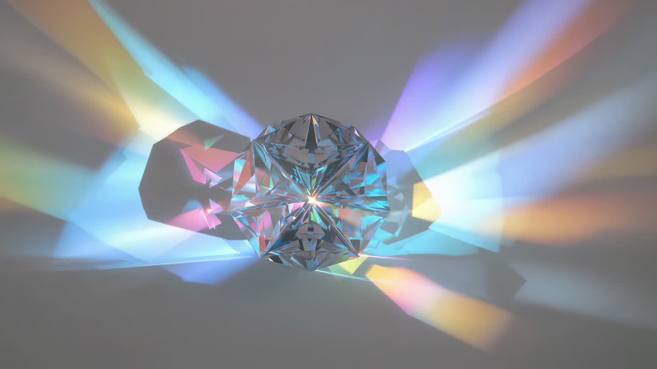 Focusing light on prism refracting rays rotating hues, beams softening fading on grey wall