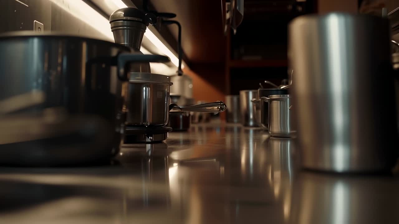 Tracciando un gruppo di pentole in acciaio che si muovono lungo un bancone di metallo in una cucina professionale, con pentola grande e casseruola