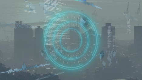 animación del alcance y el procesamiento de datos financieros sobre el paisaje urbano