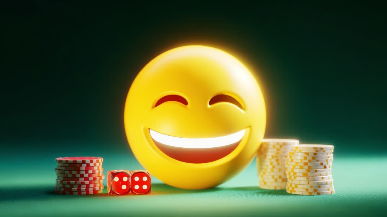 Un'emoji sorridente vivace, circondata da chip e dadi colorati, che cattura il divertimento e l'eccitazione del gioco e della vittoria in un ambiente coinvolgente e giocoso