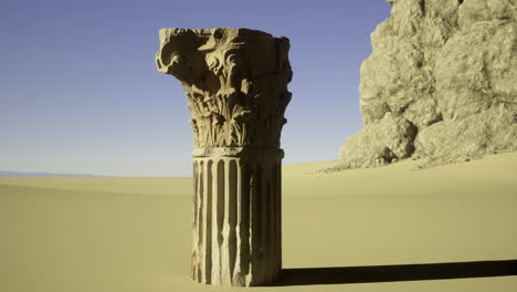 ancient column stands alone in desert landscape at sunset