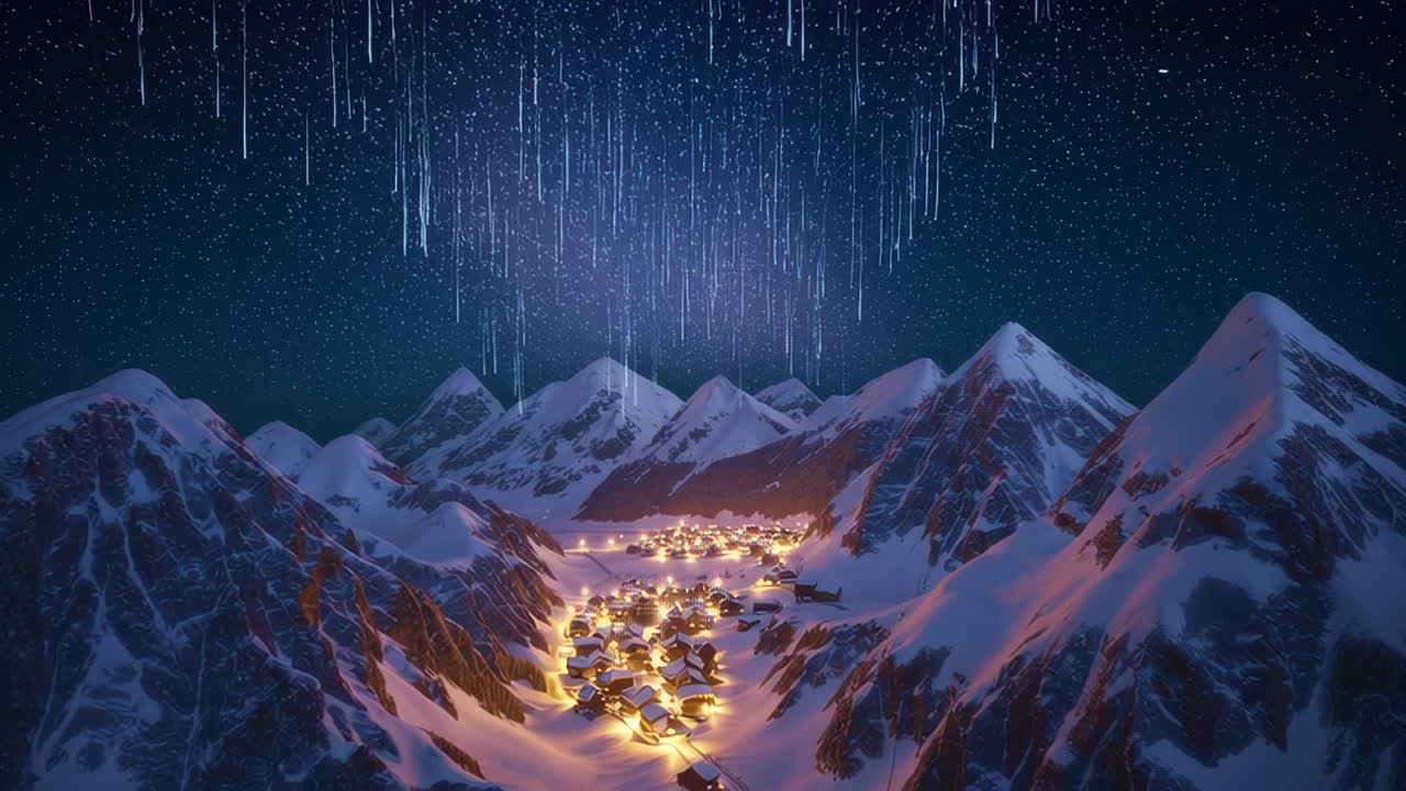 Enchanted Winter Village Under a Starry Night Sky with Light Streaks