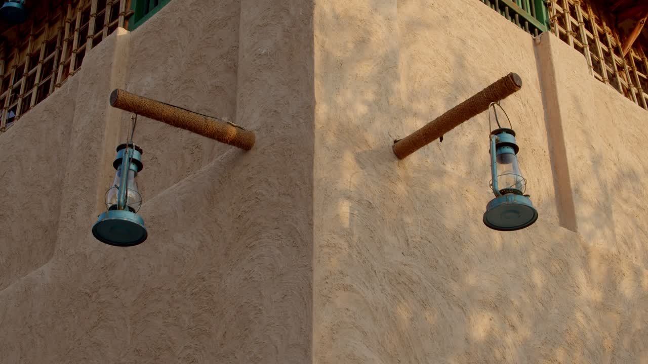 Old Dubai Historical Al Fahidi neighbourhood, Al Bastakiya. Heritage district in United Arab Emirates (UAE) lights