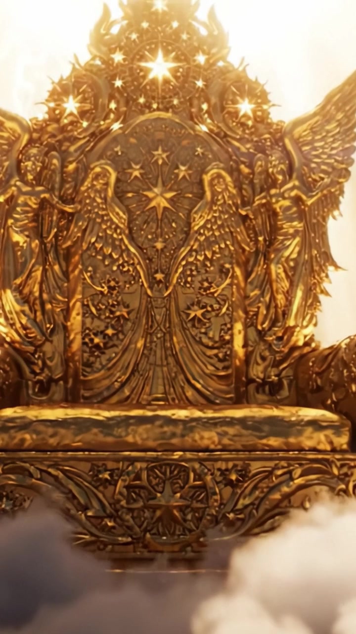 Un etereo trono dorato emerge da un mare di nuvole, adornato con angeli maestosi e stelle scintillanti, irradiando un'aura di maestà e splendore divini.