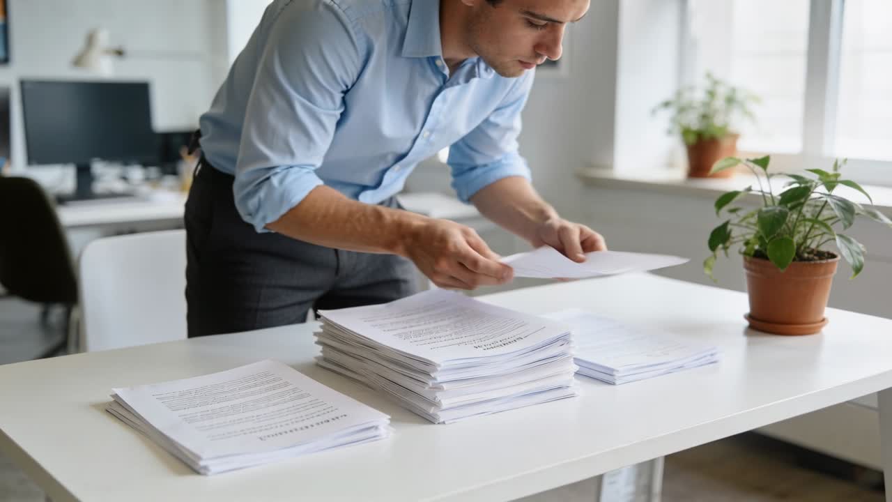 Office worker picking loose sheet from left pile and sorting papers into central stack for filing