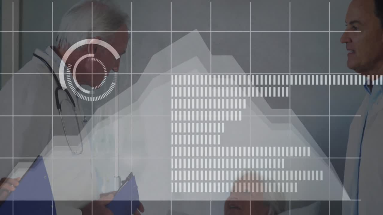 animación de círculos, niveles de audio sobre diversos médicos examinando y discutiendo informes de pacientes