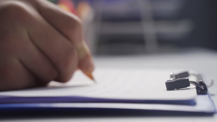 Taking notes, writing on paper, close-up.