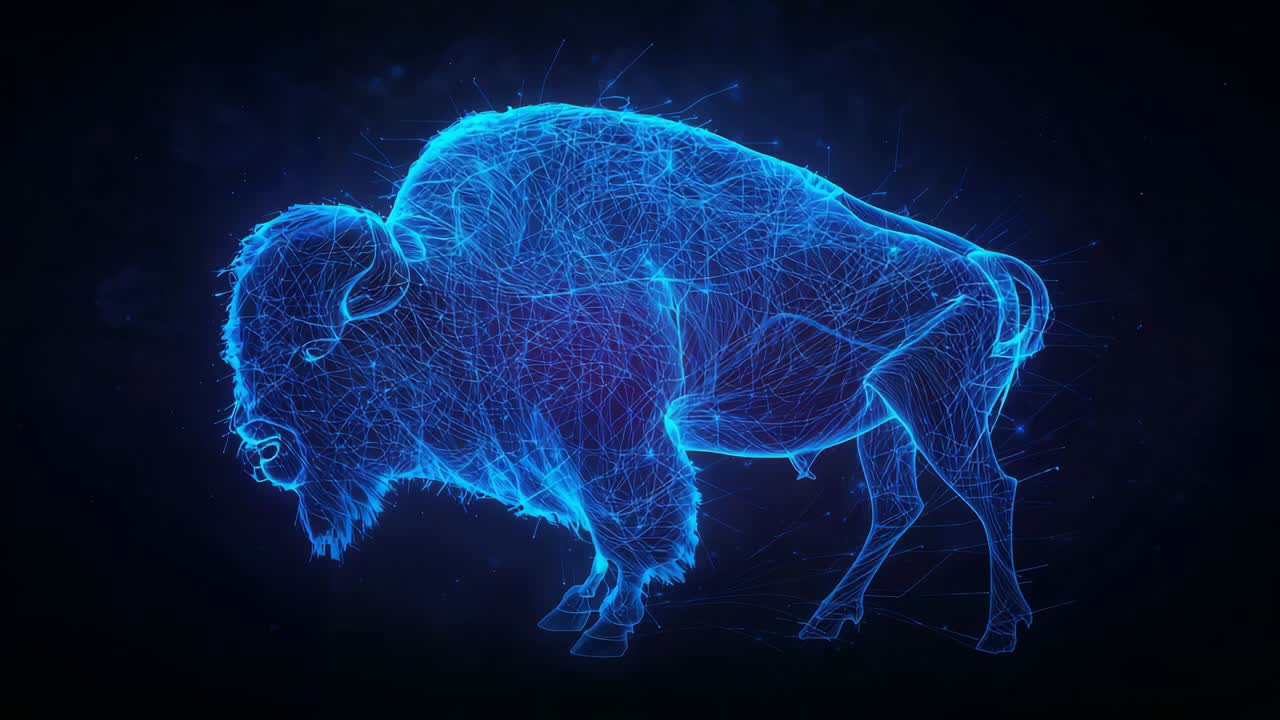 Roterende neonblå bison, der afslører ansigtet mod beskueren som en billedsekvens, der starter i tomhed, wireframe
