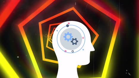 animación de círculos que se mueven alrededor de engranajes mecánicos en la cabeza humana sobre un túnel hexagonal