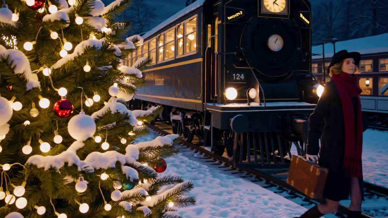 A nostalgic winter scene with a woman holding a suitcase near a vintage train, shot from a low