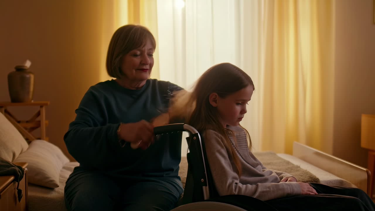 Nonna affettuosa che pettina i capelli di una bambina su una sedia a rotelle