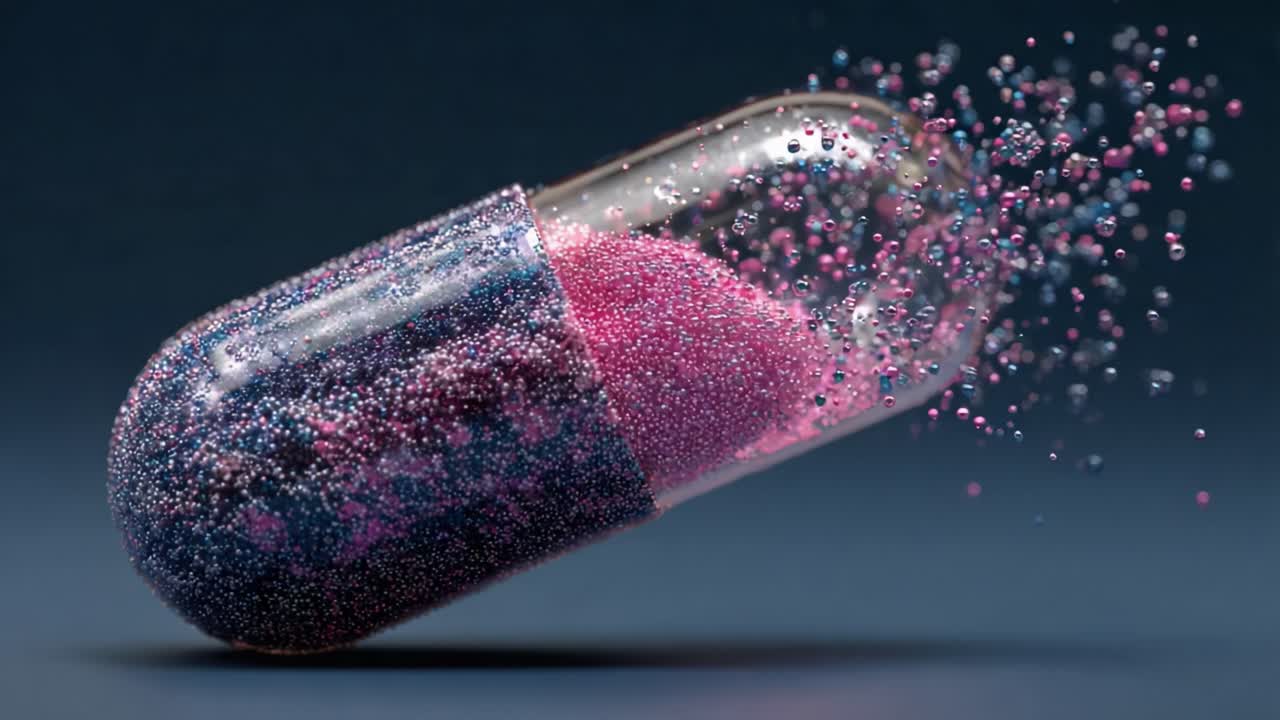 Una capsula vibrante in movimento: Una rappresentazione artistica di pillole colorate con dispersione dinamica di particelle e texture su uno sfondo scuro