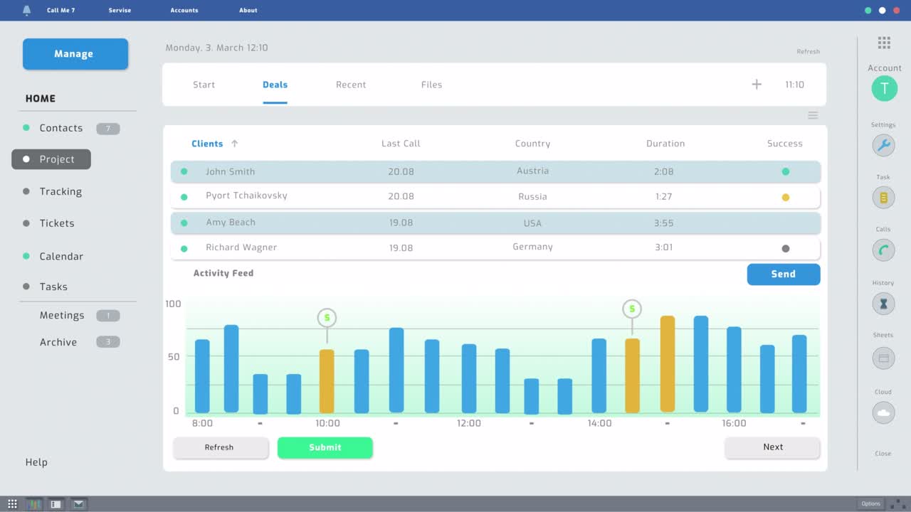 Weekly Business Planner Diagram with Graphs and Analytical Financial Infographics. White Interface with Blue and Yellow Charts. Mock-up Customer Management Service Template for Computer Displays.