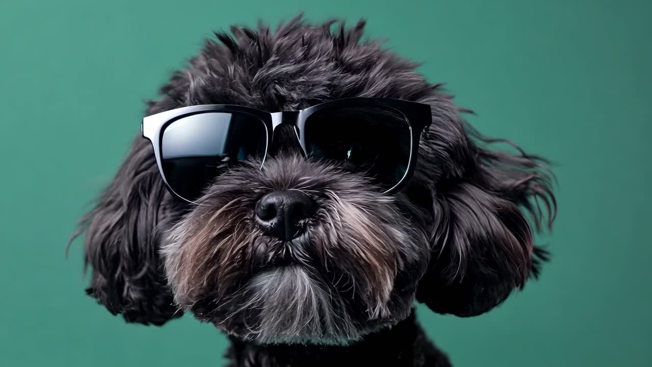 Black puppy wearing stylish sunglasses posing confidently on green background, gazing directly at camera with playful, cheerful expression