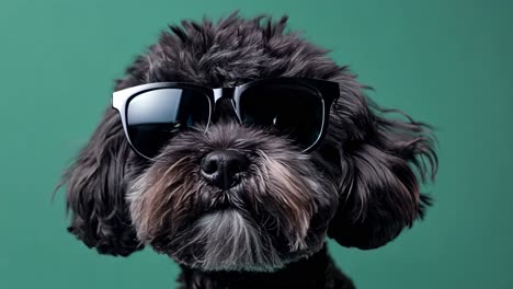 black puppy wearing stylish sunglasses posing confidently on green background, gazing directly at camera with playful, cheerful expression