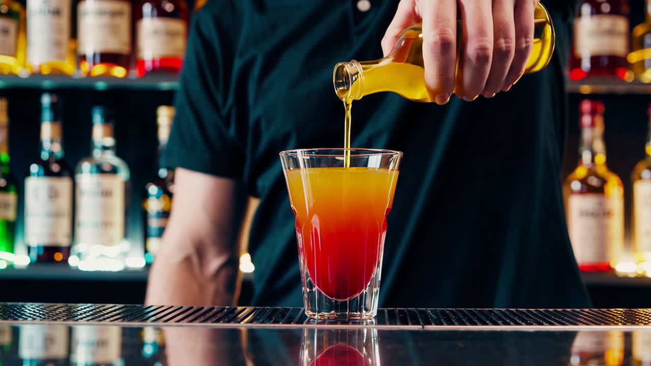 Bartender pouring a colorful layered cocktail at a bar