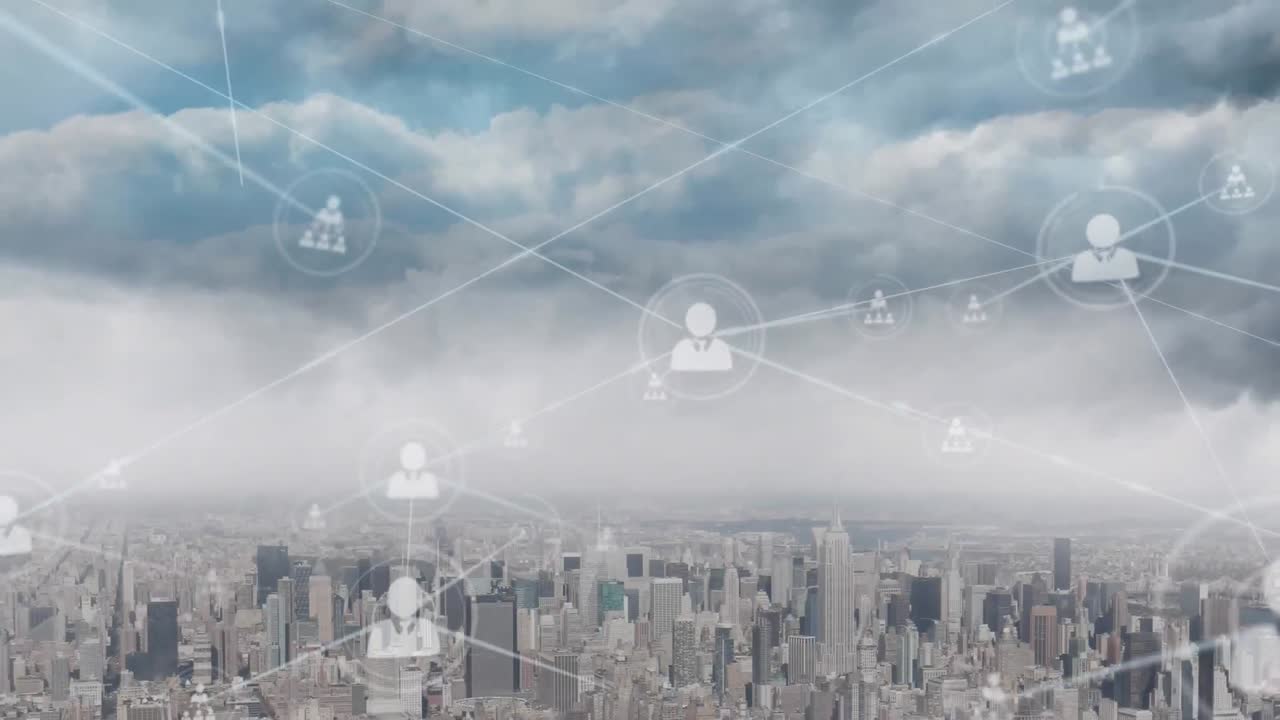 도시 풍경 위의 아이콘으로 연결된 네트워크의 애니메이션