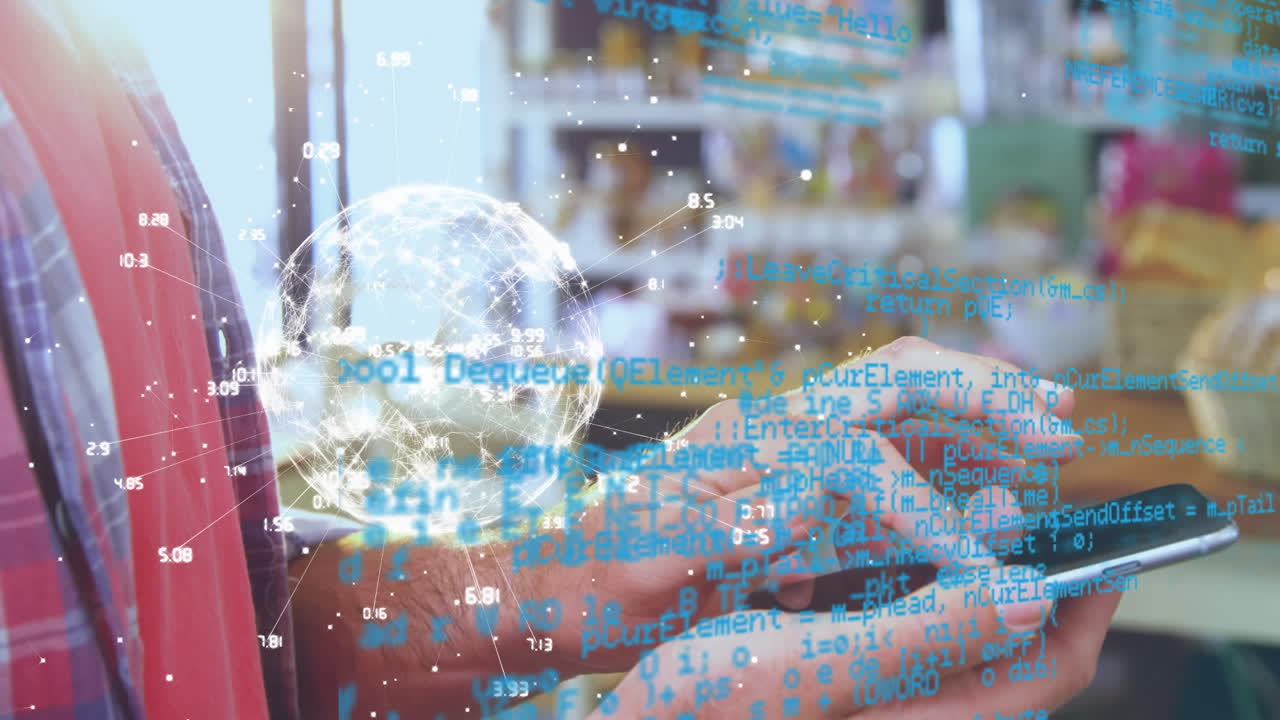 스마트 폰을 사용하는 두 인종 남성의 데이터 처리 및 전 세계 애니메이션